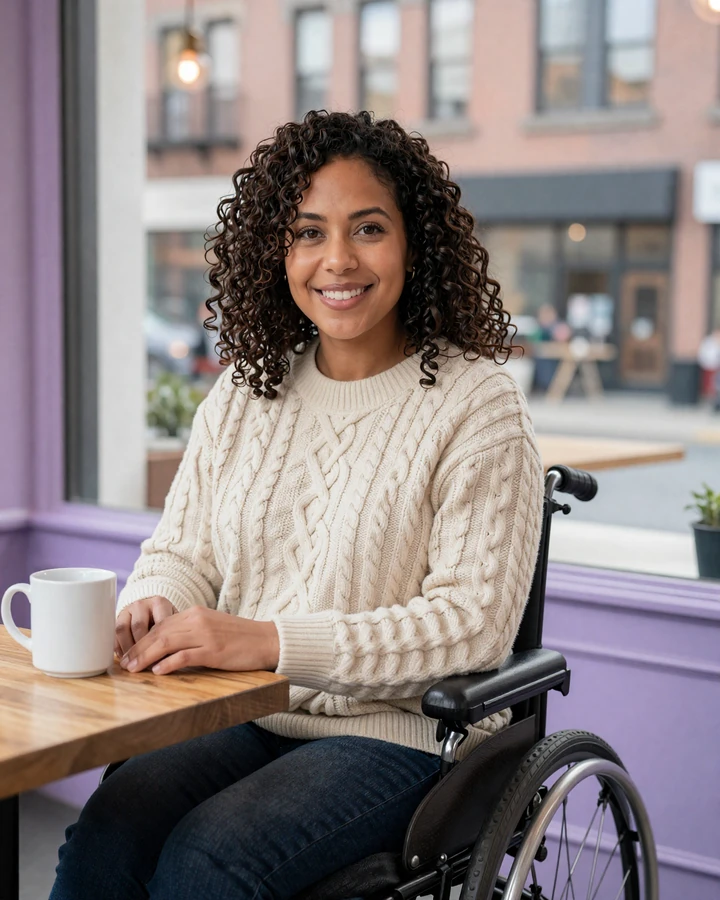 Maya, a woman with cerebral palsy using a power wheelchair, smiling beside a sunny cafe window while browsing a cerebral palsy dating site