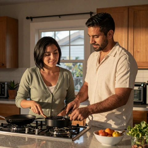 Reese and Tomas cooking together at their kitchen island in golden hour light