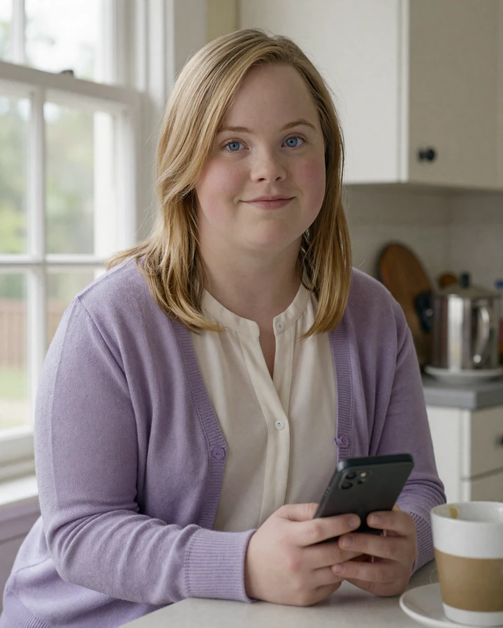 Hannah, an adult woman with Down syndrome, smiling at her phone while using a Down syndrome dating site at her kitchen table