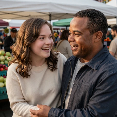 Hannah and Marcus, a little people couple, laughing together at a Chicago farmers market in golden hour light