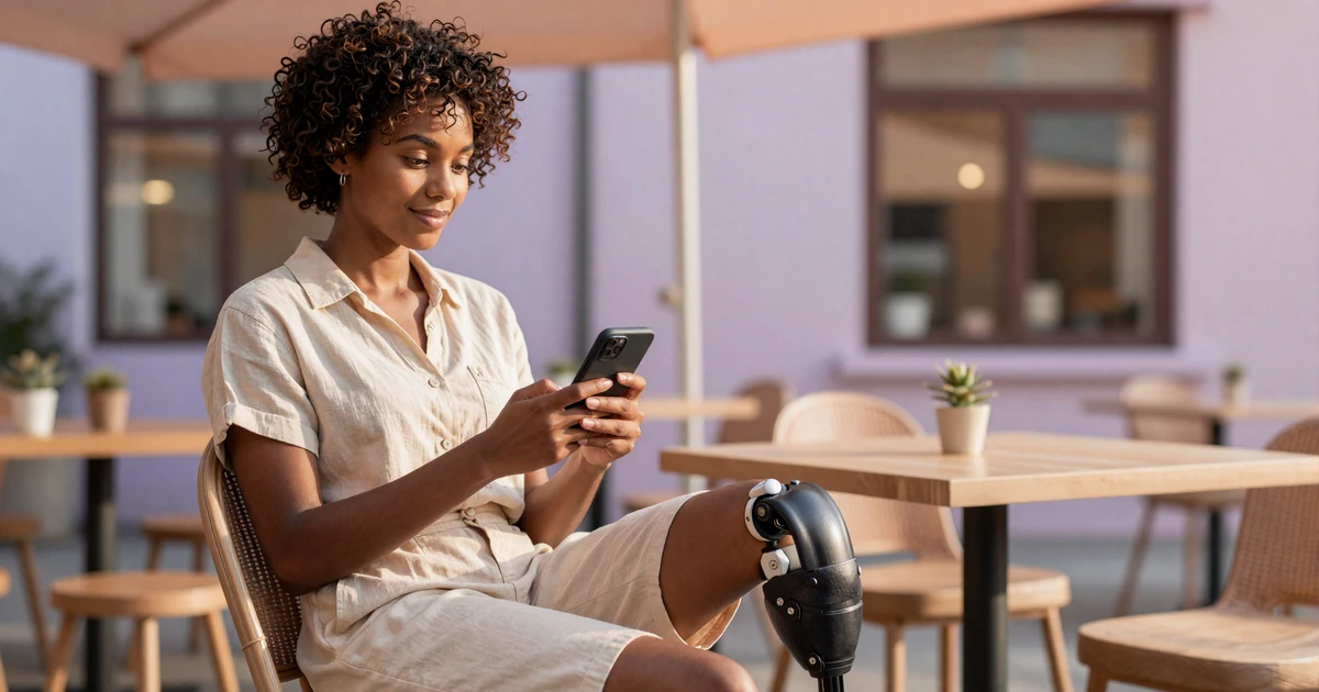 Maya, a Black woman with a below-knee prosthetic leg smiling on a sunlit cafe patio while using an amputee dating site
