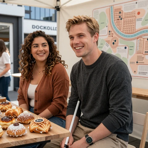 Liam with a white cane and his partner Zoë laughing at a wooden table inside Docklands Market in Melbourne