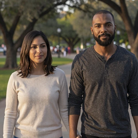 Marisol, a Latina combat veteran with PTSD, walking with her partner Devon in a quiet San Antonio park at golden hour