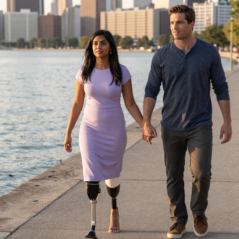 Priya, a bilateral BKA amputee, walking hand in hand with her fiancé Marc along the Chicago lakefront at sunset