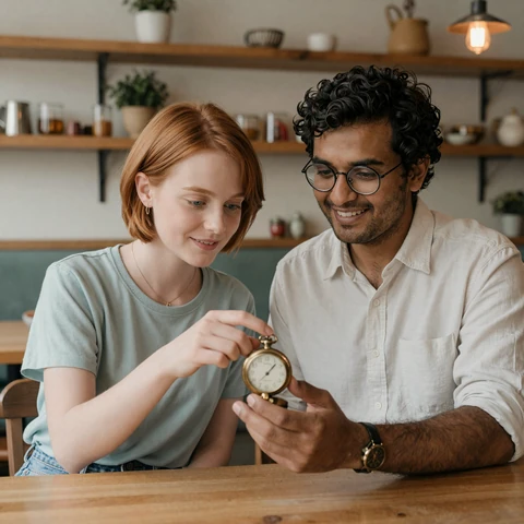 Iris and Naveen, an Autistic couple who met on a spectrum dating site, looking together at a pocket watch in a Portland cafe