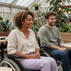 Sarah, a wheelchair user, and her partner Alex laughing at Bryant Park Greenhouse in New York