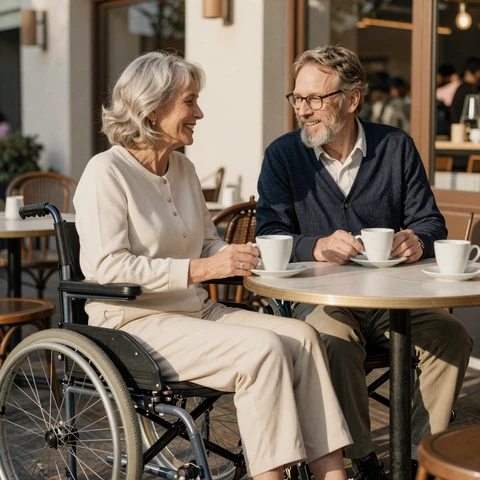 Leslie and Howard sharing coffee at a sunlit cafe table, smiling gently