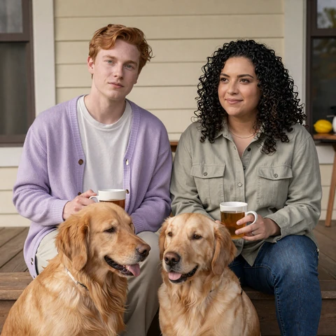 Theo and Iris, a complex PTSD couple, sitting on a wooden Asheville porch with their service dog and mugs of tea