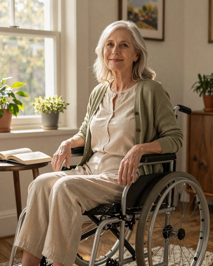 Leslie at home, smiling softly in her wheelchair beside a sunlit window with houseplants and books