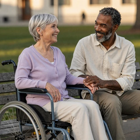 Leslie, a woman with cerebral palsy in a manual wheelchair, holding hands with Howard, her partner with Parkinson’s disease, on a San Francisco park bench