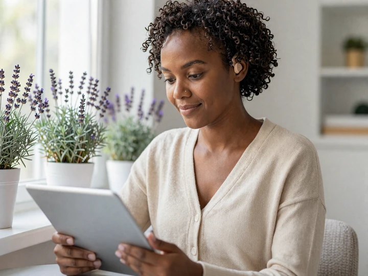 Amara, a Deaf reader exploring the DisabledDating blog from her sunlit reading corner