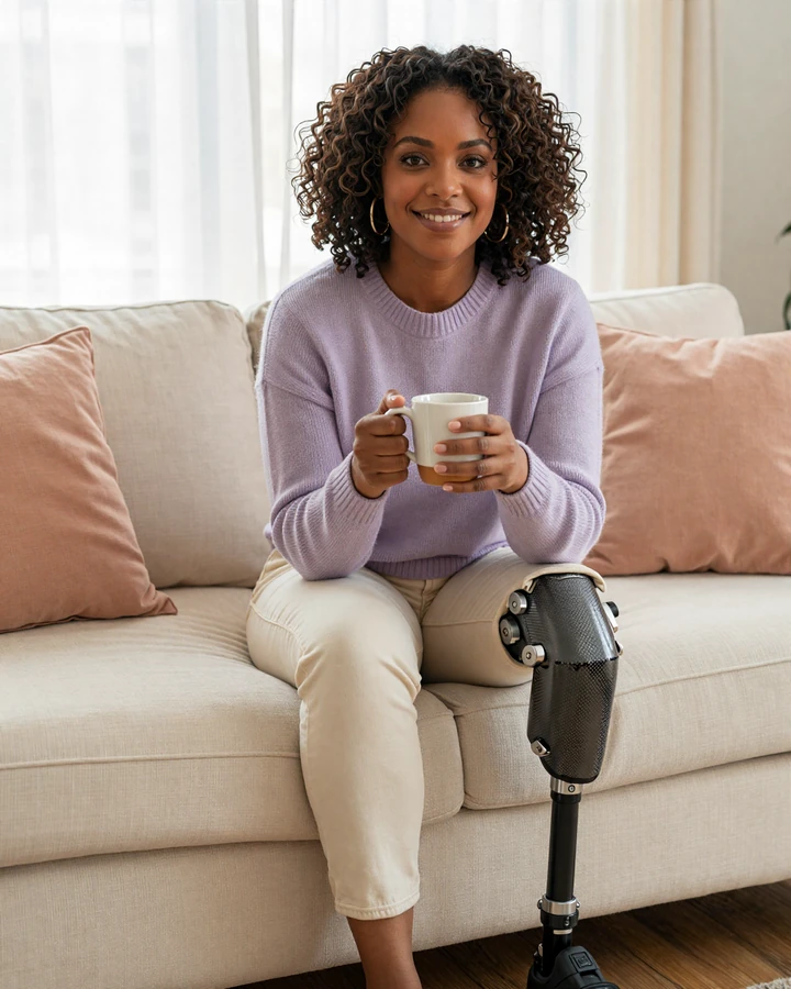 Amara, a Black woman and bilateral amputee, smiling on a sofa while using the DisabledDating app on her phone