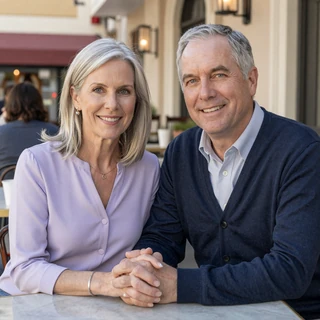Leslie and Howard holding hands at a San Francisco cafe table