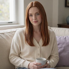 Sarah, a young white American woman with chronic illness, smiling softly with her mug on a linen couch