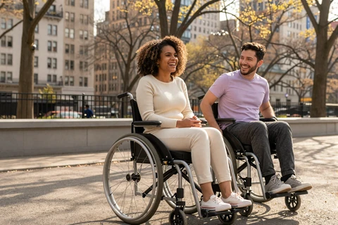 Sarah, a wheelchair user, on a first date in Bryant Park with Alex