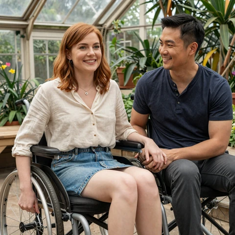 Sarah, a wheelchair user, holding hands with her partner Alex at Bryant Park conservatory in NYC