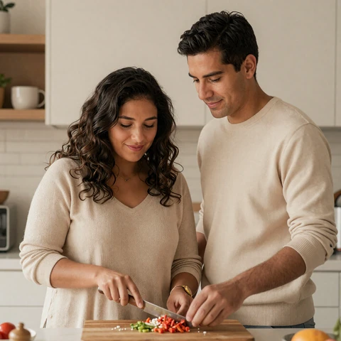 Iris and Daniel, a couple navigating bipolar II together, cooking calmly in a sunlit kitchen