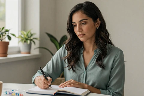 Elena journaling her mood patterns as part of bipolar relationship self-care