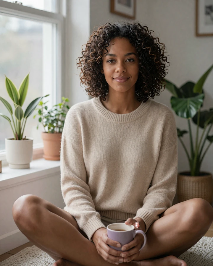 Naomi, a Black American woman with ADHD, reading at her window in a calm sunlit living room