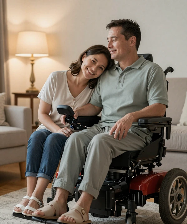 An interabled couple resting together on a sofa, modelling equal partnership rather than a caregiver dynamic