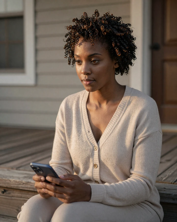 Naima reviewing her dating app safety settings on a sunlit porch