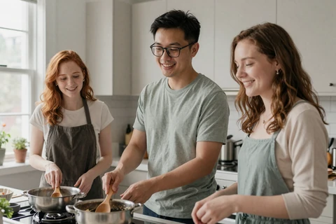 Marcus, an Autistic engineer, cooking with his ADHD partner Emily at home