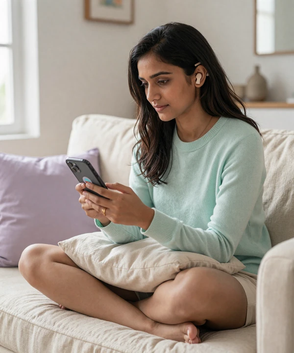 Priya, a Deaf woman with a cochlear implant, reviewing a verified profile badge on the DisabledDating app