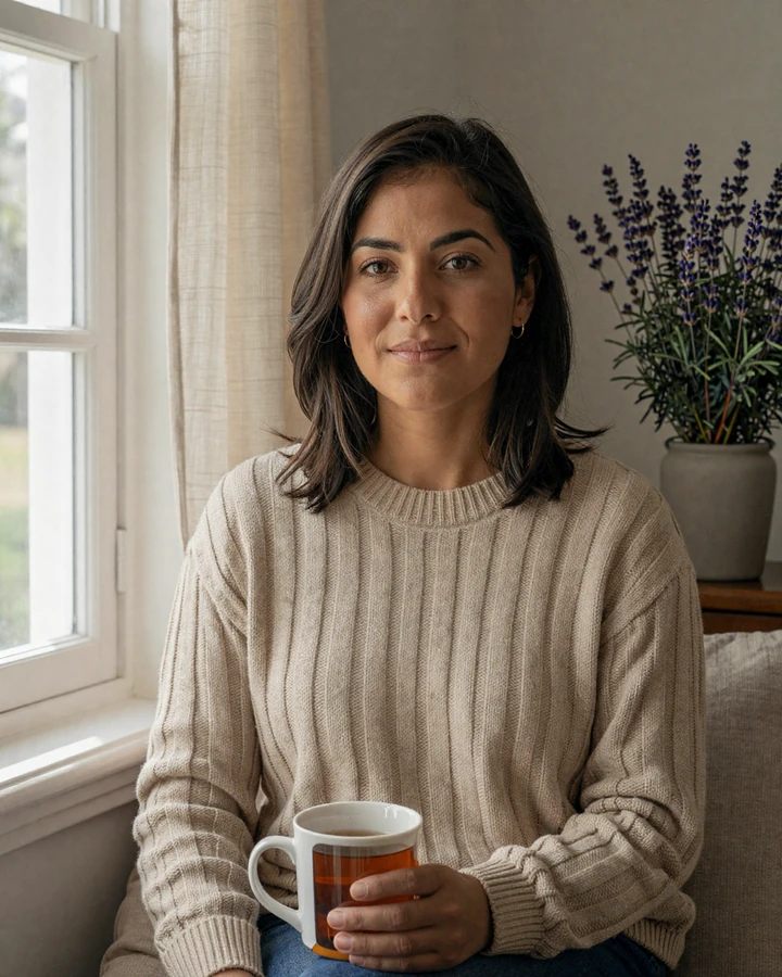 Marisol, a Latina veteran with PTSD, sitting calmly by a sunlit window with tea - a portrait used on the dating with PTSD page