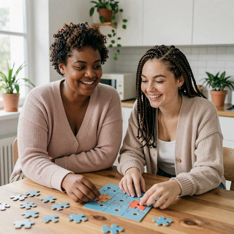 Emma and Jules, an engaged AuDHD couple, laughing together over a jigsaw puzzle in a sunny kitchen