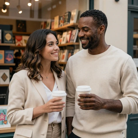 Hannah and Devon, a couple where one partner has epilepsy, smiling together outside an independent bookshop in Austin