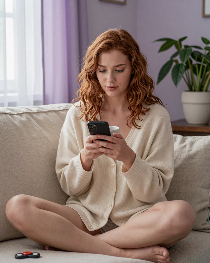 Iris reading a thoughtful first message on her phone in a calm sunlit living room