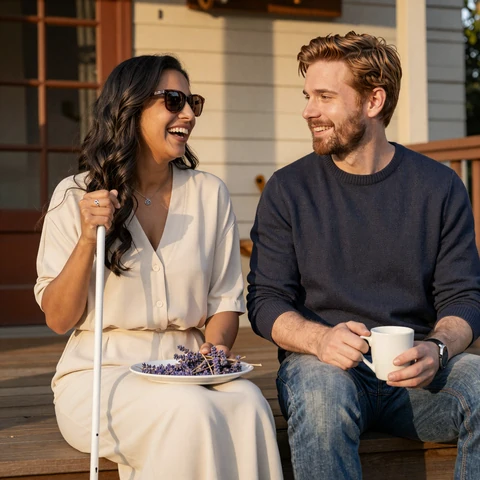 Marisol and Daniel, an interabled couple, laughing on a sunlit porch in Austin with coffee mugs after meeting on a blind dating app