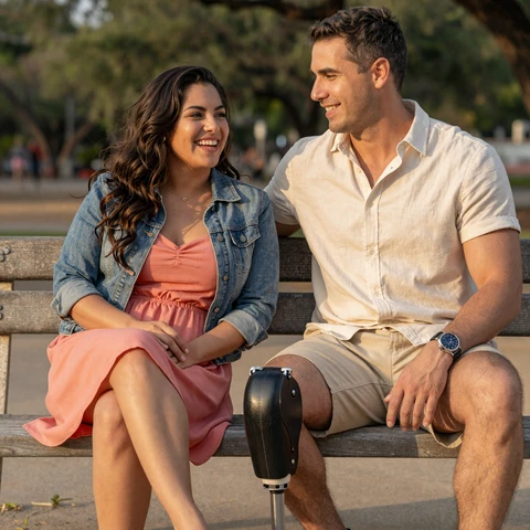 Damaris, an amputee with a below-knee running blade, laughing with her partner Theo on a park bench in Austin