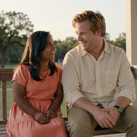 Priya and Daniel, a little person and average-height couple, sitting on a sunlit Austin porch at sunset