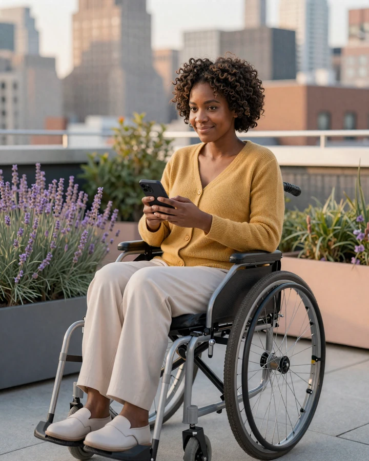 Sarah, a Black woman in a manual wheelchair smiling at her phone on a New York rooftop, using a wheelchair dating site