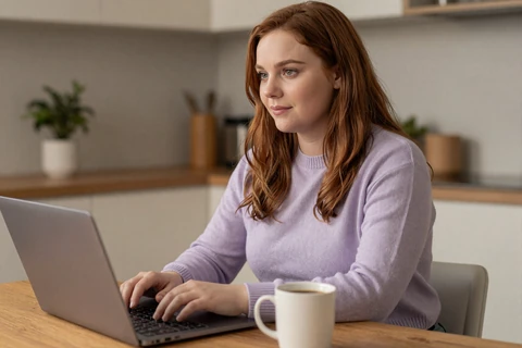 Jenna composing a disclosure message on her laptop while drafting her dating profile