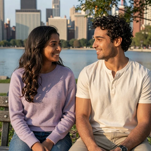 Priya and Marcus, both with epilepsy, sitting together on a Chicago lakefront park bench at golden hour