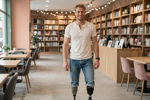 Liam, an amputee, picking out a first-date bookshop cafe with accessible aisles