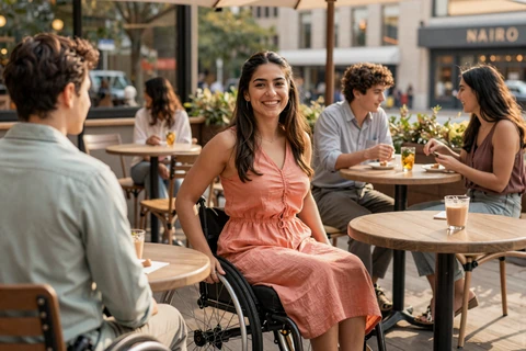 Sarah on a wheelchair accessible date at a sunlit Bryant Park cafe in New York