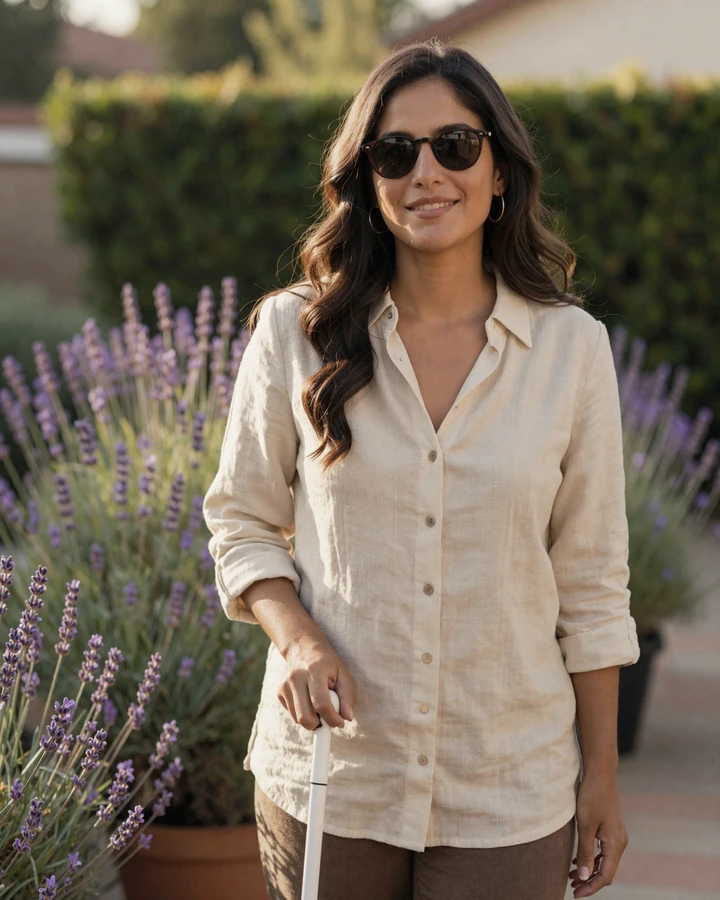 Marisol, a blind Latina woman in her thirties with a white cane, smiling in a sunlit garden while using a screen reader dating app