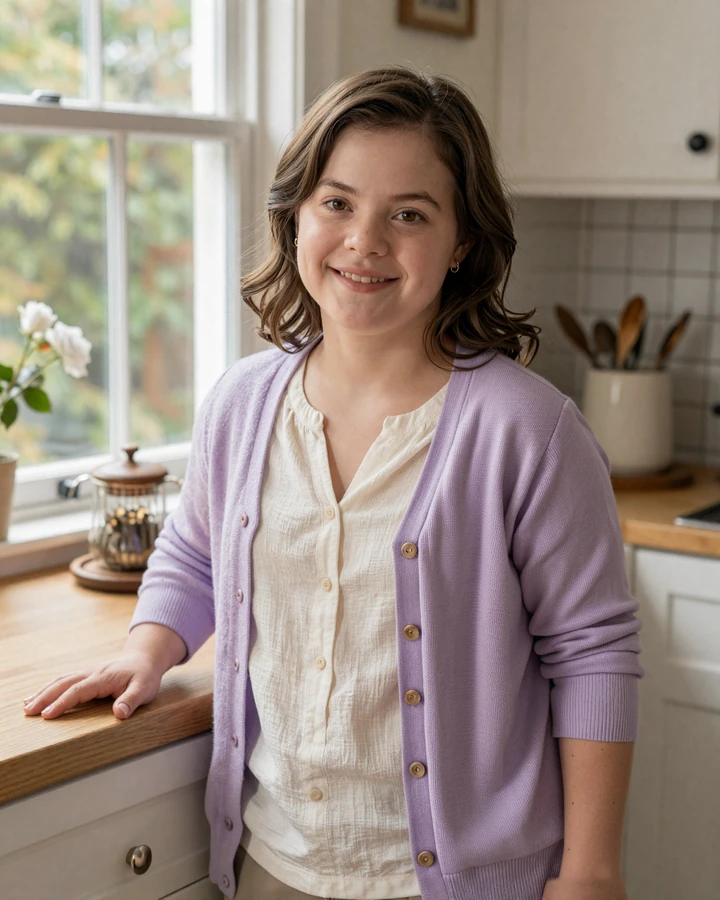 Hannah, a woman with dwarfism, smiling confidently in her sunlit kitchen - a member of our little people dating community