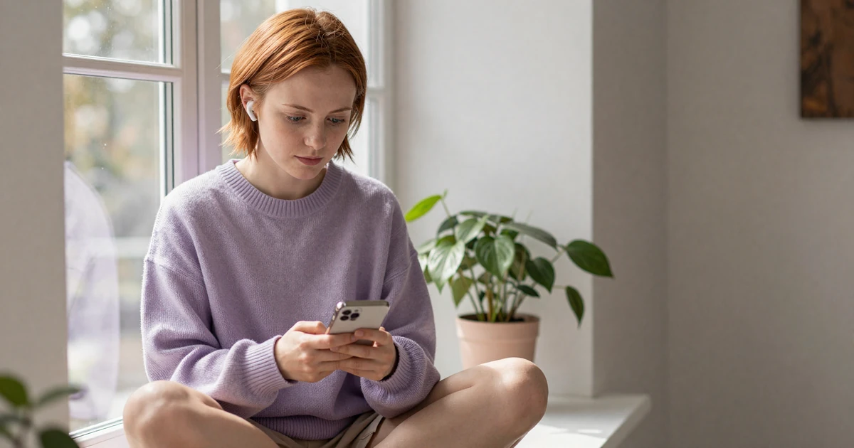 Iris, an Autistic woman wearing noise-reducing earbuds, reading a calm message on an autism dating app from her window bench