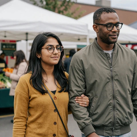 Priya and Theo, a low-vision couple, walking arm in arm through a Seattle farmers market after meeting through visually impaired dating
