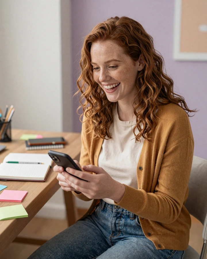 Nora, a redhead woman with ADHD smiling at her phone in a cozy home office while using an ADHD dating site