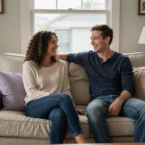 Mara and Devon laughing together on their couch beside a lavender throw pillow