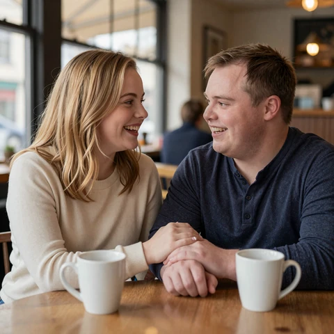 Hannah and Mark, an engaged adult couple with Down syndrome, laughing together over coffee in Columbus, Ohio