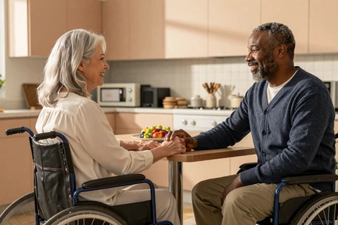 Leslie and Howard, an interabled couple, sharing a quiet laugh at home