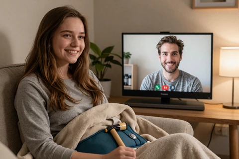 Sarah, a chronic illness spoonie, on a long-distance video call with her partner Jack