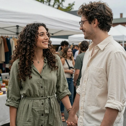 Talia and Reuben, an AuDHD and neurotypical couple, holding hands at the Portland Saturday market in soft daylight