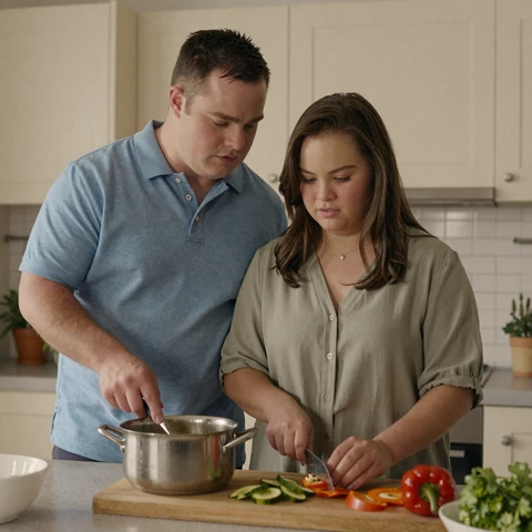 Daniel and Rosa, a married adult couple with Down syndrome, cooking dinner together in their Tampa apartment kitchen